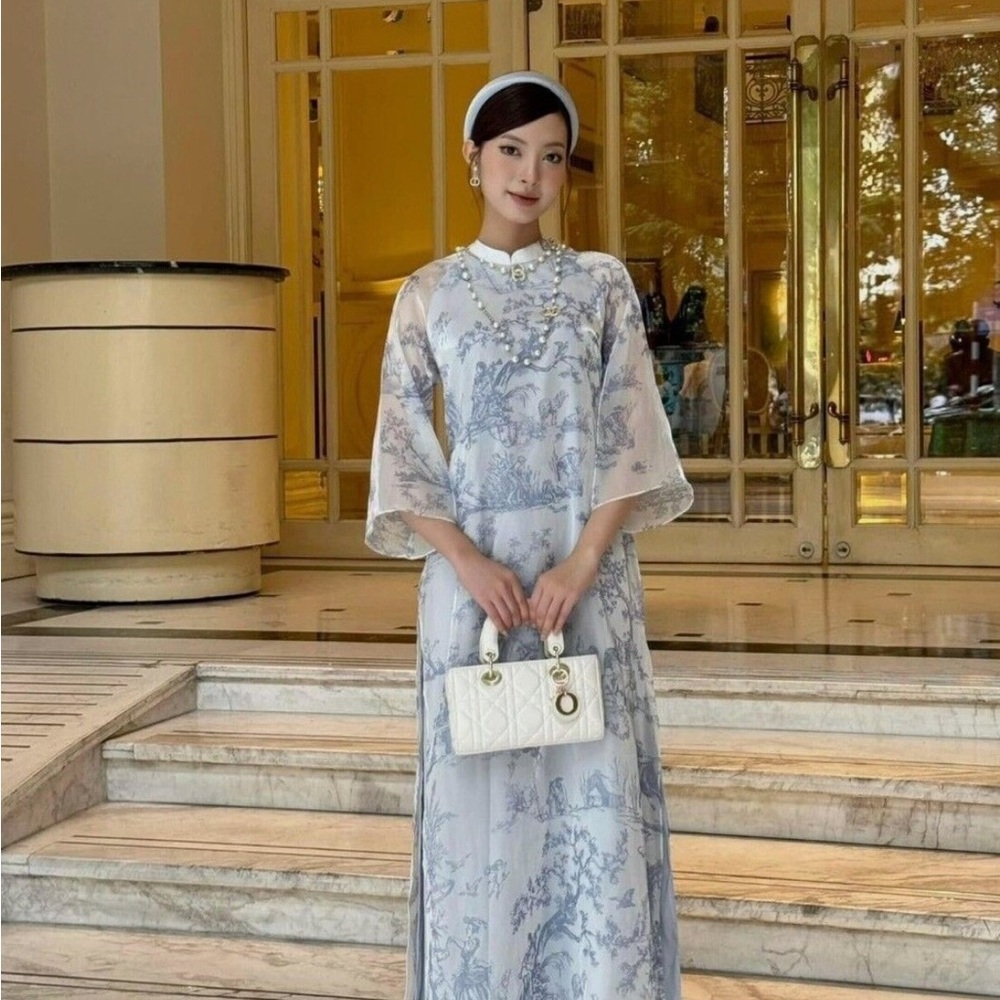 🆕🩵🪡🧵Modern Toile De Jouy pattern Vietnam Ao dai 2-layers Loose/Relax Fit sz 4XL